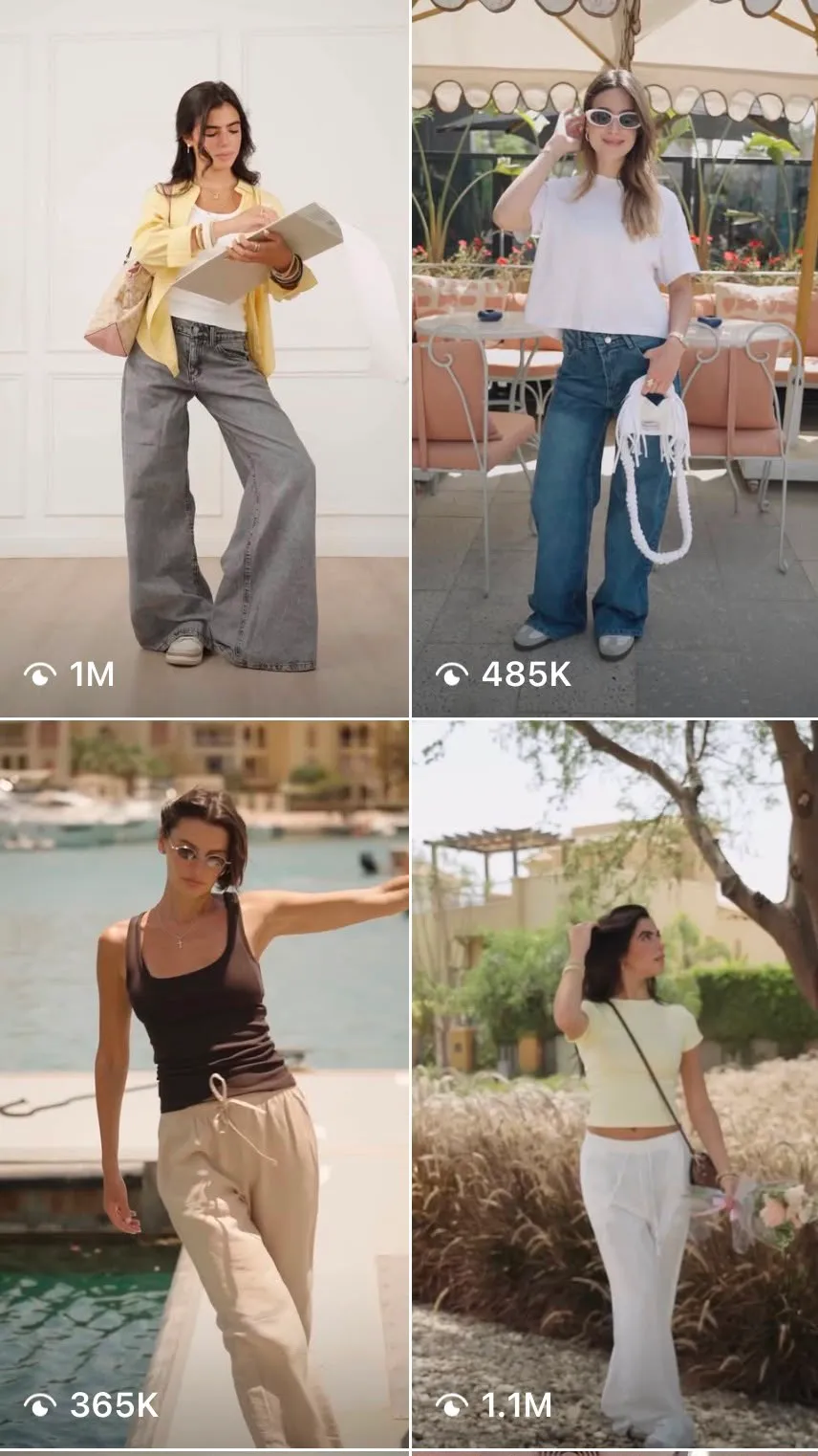 Grid of four social posts showing women in casual outfits: wide jeans, linen trousers and white trousers.